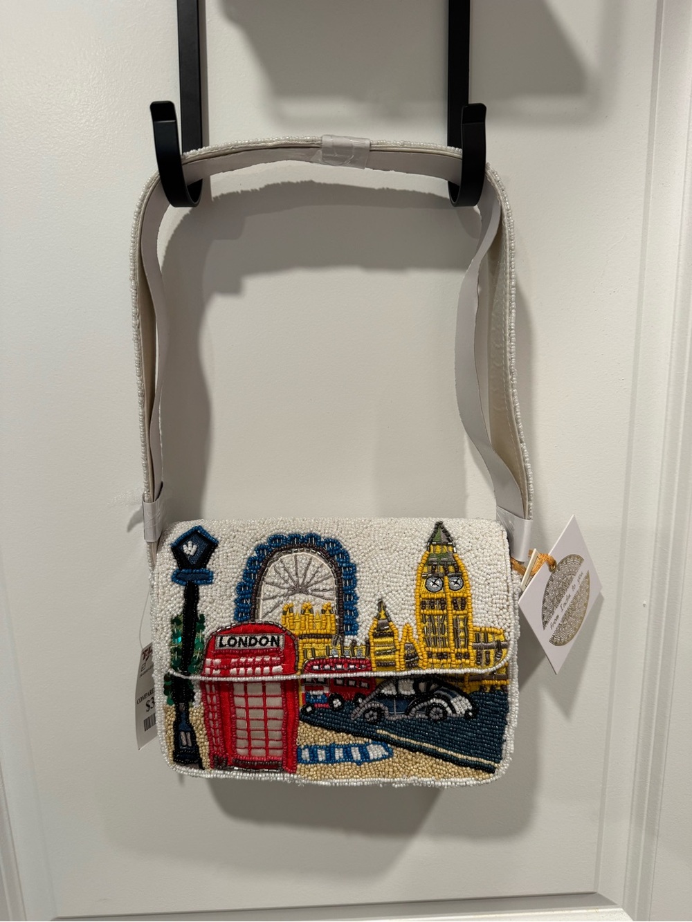 White Beaded Shoulder Bag with London Scene